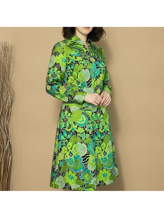 Dresses & Skirts - Vintage 70s Retro Silk Long Sleeve Belted Shirt Dress Green Floral Midi S/M Mod